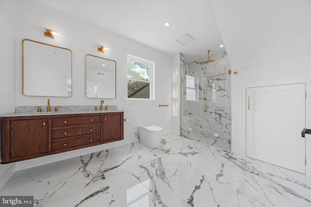 1615 S 22nd St, Philadelphia, PA 19145 - bathroom featuring a marble finish shower, toilet, double vanity, marble finish flooring, and recessed lighting