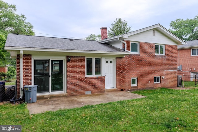 808 Gregorio Dr, Silver Spring, MD 20901 - back of property with a chimney, brick siding, a patio, cooling unit, and roof with shingles
