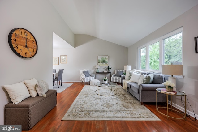 808 Gregorio Dr, Silver Spring, MD 20901 - living area featuring vaulted ceiling, baseboards, and dark wood-style floors