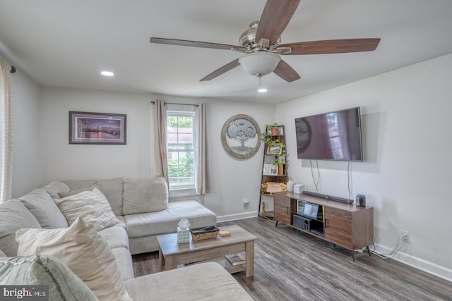 1937 Milford Harrington Hwy, Milford, DE 19963 - living room featuring baseboards, recessed lighting, a ceiling fan, and dark wood-style flooring