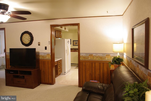 13920 Heavenly Acres Rdg, Hancock, MD 21750 - living room featuring ceiling fan, wainscoting, baseboard heating, and light carpet