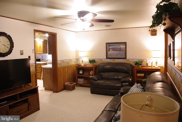 13920 Heavenly Acres Rdg, Hancock, MD 21750 - living room featuring wainscoting, ceiling fan, light colored carpet, and wood walls