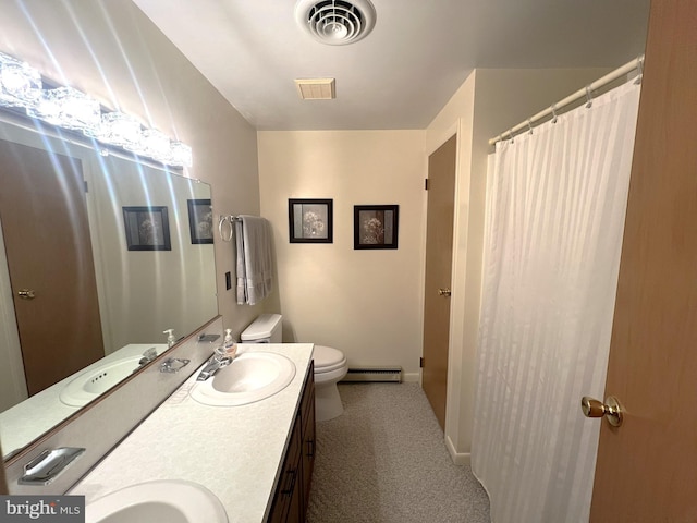 13920 Heavenly Acres Rdg, Hancock, MD 21750 - full bath featuring a baseboard radiator, toilet, double vanity, and baseboards