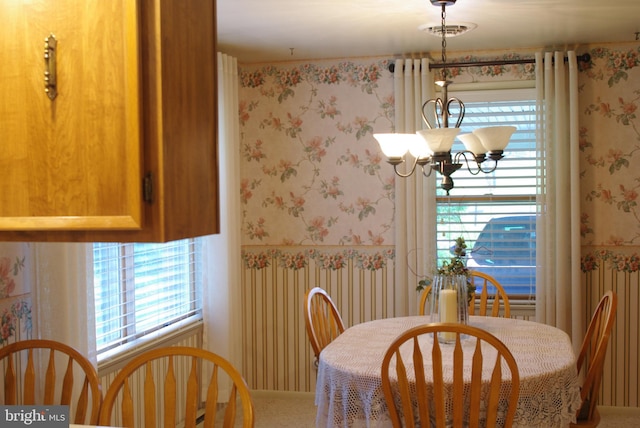 13920 Heavenly Acres Rdg, Hancock, MD 21750 - dining area featuring wallpapered walls, plenty of natural light, carpet flooring, and a chandelier