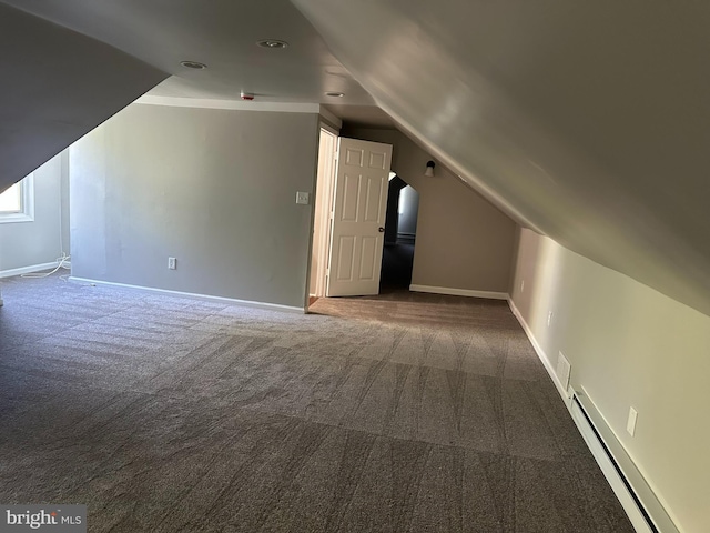 35 Preston Ave, Voorhees, NJ 08043 - additional living space featuring a baseboard radiator, lofted ceiling, carpet floors, and baseboards