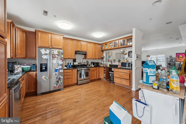 kitchen featuring appliances with stainless steel finishes, light wood-style flooring, and dark countertops