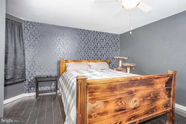 108 Fairfield St, Newville, PA 17241 - bedroom with wallpapered walls, baseboards, wood-type flooring, and a ceiling fan