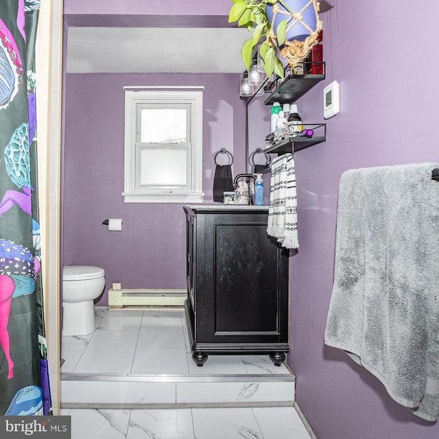 108 Fairfield St, Newville, PA 17241 - bathroom featuring a baseboard heating unit, marble finish flooring, vanity, toilet, and baseboards