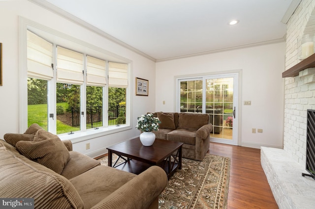 10 Highland Dr, Palmyra, PA 17078 - living room featuring a fireplace, crown molding, dark wood-style floors, baseboards, and recessed lighting