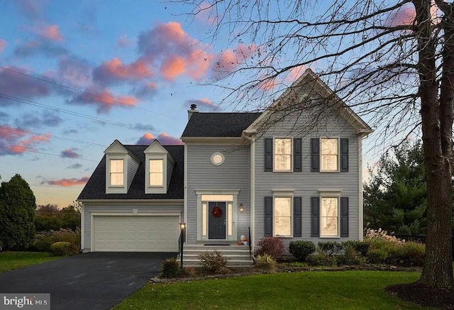 20932 Cox Mills Ct, Ashburn, VA 20147 - view of front of property featuring driveway, a garage, a front yard, and a chimney