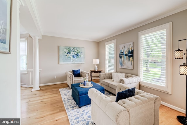 20932 Cox Mills Ct, Ashburn, VA 20147 - living room featuring decorative columns, ornamental molding, and light wood-style flooring