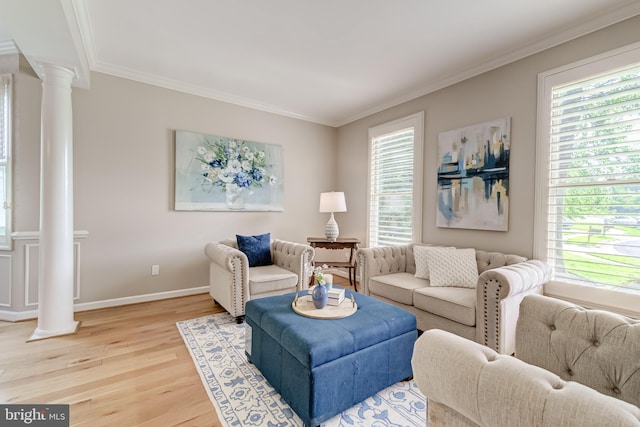 20932 Cox Mills Ct, Ashburn, VA 20147 - living area with ornate columns, light wood-style flooring, and crown molding