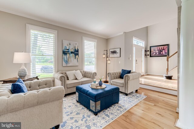 20932 Cox Mills Ct, Ashburn, VA 20147 - living room featuring wood finished floors, ornamental molding, and stairs