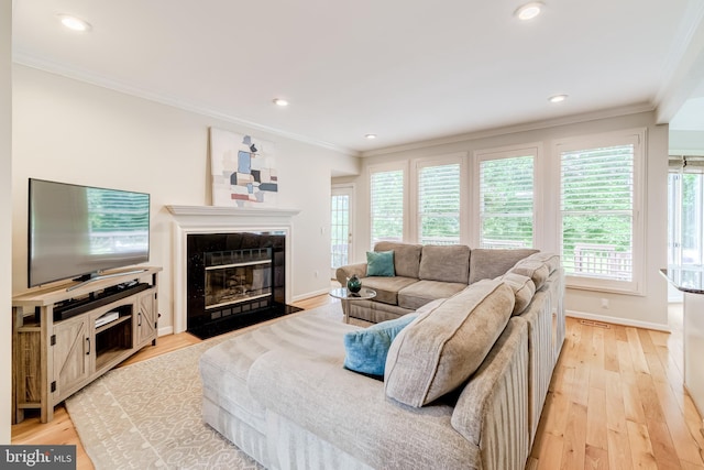 20932 Cox Mills Ct, Ashburn, VA 20147 - living room with crown molding, light wood-style floors, a fireplace with flush hearth, and recessed lighting