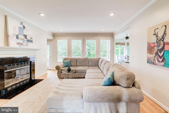 20932 Cox Mills Ct, Ashburn, VA 20147 - living room featuring wood finished floors, healthy amount of natural light, ornamental molding, recessed lighting, and a fireplace