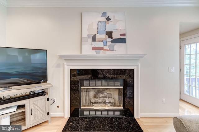 20932 Cox Mills Ct, Ashburn, VA 20147 - detailed view of a tile fireplace, wood finished floors, and crown molding