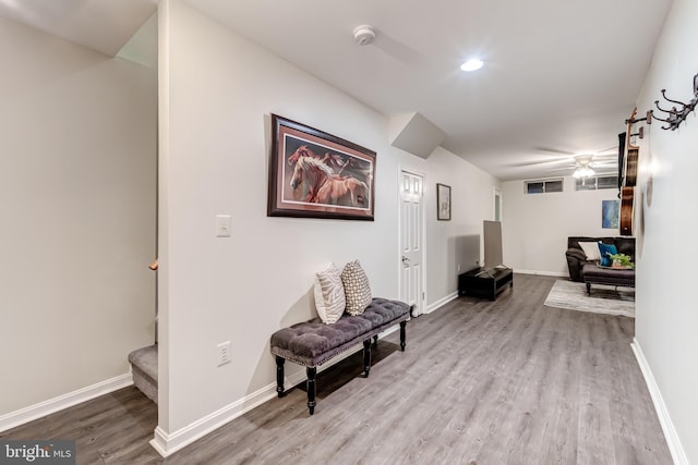 20932 Cox Mills Ct, Ashburn, VA 20147 - sitting room with wood finished floors, stairway, a ceiling fan, and recessed lighting