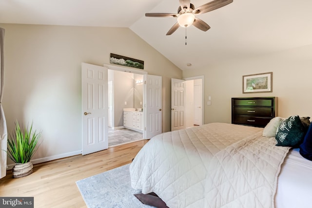 20932 Cox Mills Ct, Ashburn, VA 20147 - bedroom featuring vaulted ceiling, wood finished floors, ensuite bath, and ceiling fan