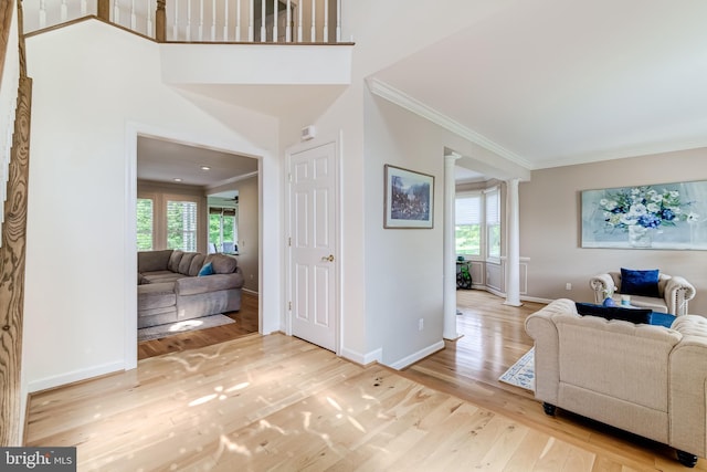 20932 Cox Mills Ct, Ashburn, VA 20147 - foyer with crown molding, decorative columns, plenty of natural light, and wood finished floors