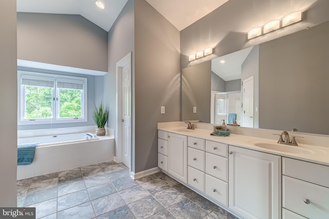 20932 Cox Mills Ct, Ashburn, VA 20147 - full bathroom with double vanity, a garden tub, recessed lighting, high vaulted ceiling, and an enclosed shower