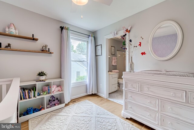 20932 Cox Mills Ct, Ashburn, VA 20147 - bedroom featuring light wood-type flooring, ensuite bathroom, and ceiling fan