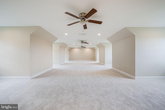 bonus room featuring ceiling fan, recessed lighting, light colored carpet, and baseboards
