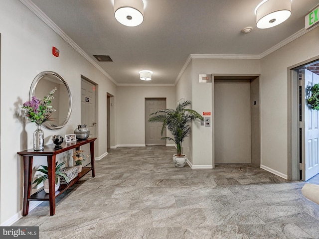 12111 Tullamore Ct Unit 101, Lutherville Timonium, MD 21093 - entrance foyer featuring ornamental molding, elevator, baseboards, and stone finish flooring