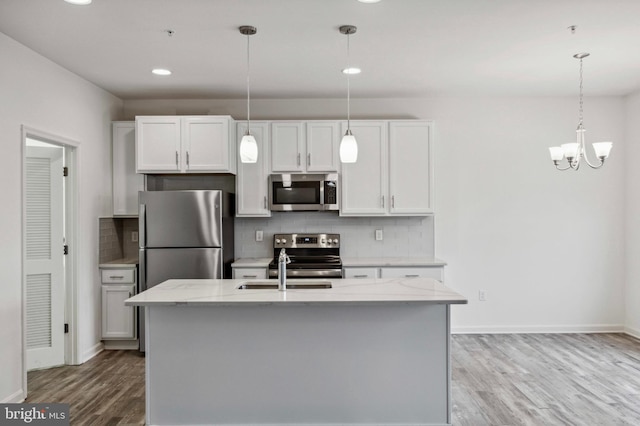 kitchen with appliances with stainless steel finishes, a sink, light wood-style floors, decorative backsplash, and recessed lighting