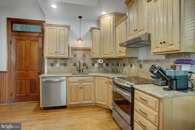 145 S Washington St, Greencastle, PA 17225 - kitchen with appliances with stainless steel finishes, under cabinet range hood, a sink, light wood finished floors, and tasteful backsplash