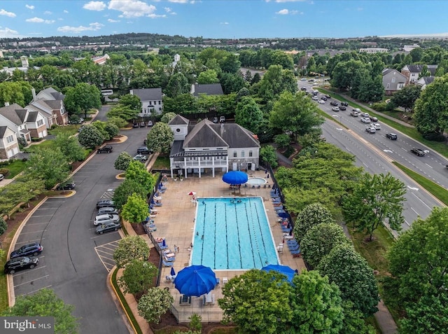 46245 Milthorn Ter, Sterling, VA 20165 - aerial perspective of suburban area featuring a tree filled landscape and a pool area