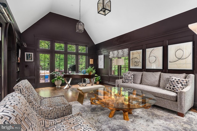 13312 Drews Ln, Potomac, MD 20854 - living area with a decorative wall, high vaulted ceiling, and an office area