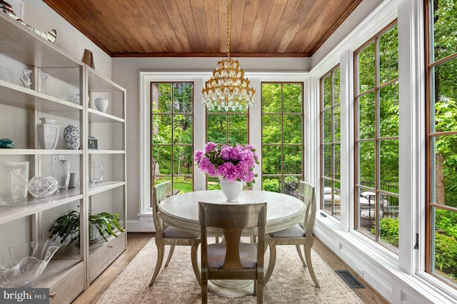 13312 Drews Ln, Potomac, MD 20854 - sunroom / solarium featuring wood ceiling, a chandelier, crown molding, and wood finished floors
