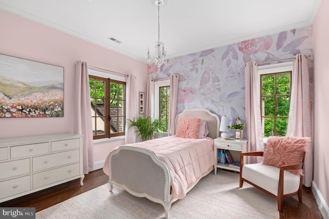 13312 Drews Ln, Potomac, MD 20854 - bedroom featuring ornamental molding, wallpapered walls, a chandelier, wood finished floors, and baseboards