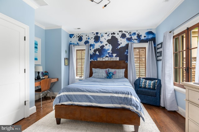 13312 Drews Ln, Potomac, MD 20854 - bedroom featuring ornamental molding, wood finished floors, baseboards, and a desk