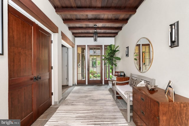13312 Drews Ln, Potomac, MD 20854 - entryway featuring wood ceiling with exposed beams