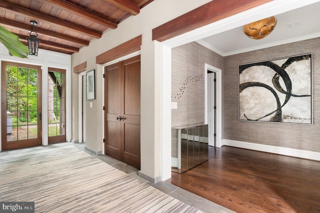 13312 Drews Ln, Potomac, MD 20854 - entrance foyer with baseboards, wood finished floors, wood ceiling with exposed beams, and wallpapered walls