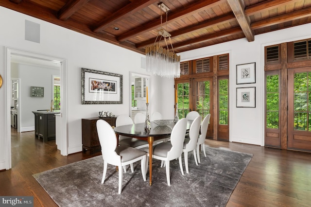 13312 Drews Ln, Potomac, MD 20854 - dining room featuring wood ceiling with exposed beams, dark wood finished floors, a chandelier, french doors, and baseboards