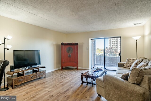 living area featuring wood finished floors, a textured ceiling, and baseboards