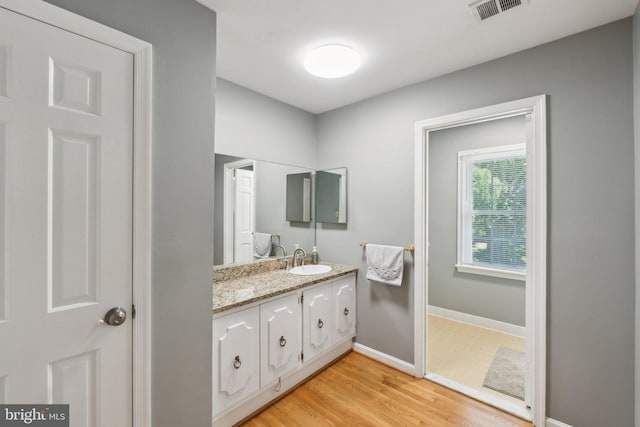 bathroom with vanity, baseboards, and wood finished floors