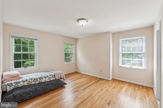 bedroom featuring wood finished floors, multiple windows, and baseboards