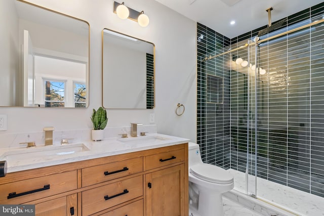 724 Marietta Pl NW, Washington, DC 20011 - full bath featuring toilet, marble finish floors, a stall shower, double vanity, and recessed lighting