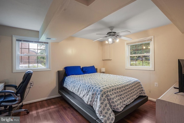 7039 Calamo St, Springfield, VA 22150 - bedroom with baseboards, wood finished floors, a ceiling fan, and an office area
