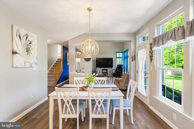 27 Avalon Rd, Pennington, NJ 08534 - dining space featuring stairway, dark wood-type flooring, a chandelier, and baseboards