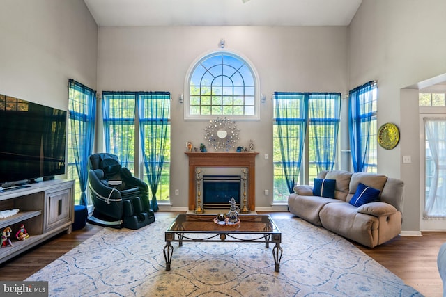 27 Avalon Rd, Pennington, NJ 08534 - living area featuring wood finished floors, healthy amount of natural light, a glass covered fireplace, and a towering ceiling
