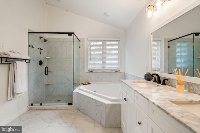 27 Avalon Rd, Pennington, NJ 08534 - bathroom featuring a bath, a marble finish shower, marble look tiles, double vanity, and vaulted ceiling