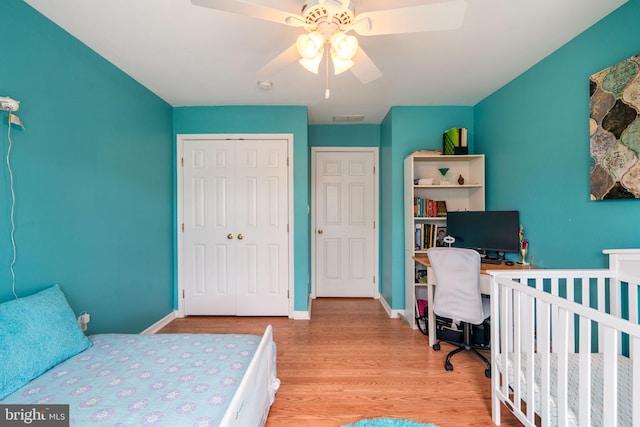 27 Avalon Rd, Pennington, NJ 08534 - bedroom with a closet, light wood-type flooring, a desk, a ceiling fan, and baseboards