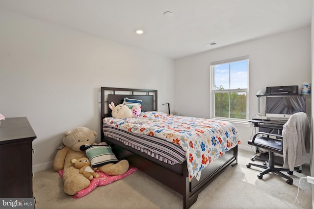 carpeted bedroom with baseboards and recessed lighting