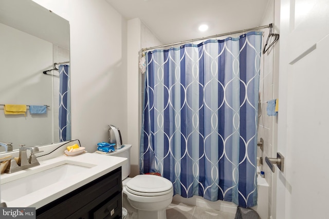 full bathroom with vanity, toilet, and shower / bathtub combination with curtain