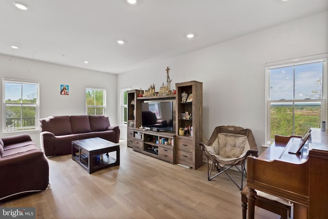 living room featuring light wood-style flooring and recessed lighting