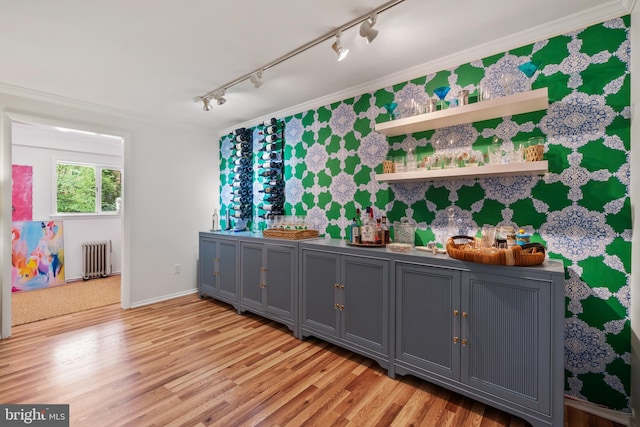 16 Lacosta Ct, Towson, MD 21204 - indoor bar with rail lighting, radiator heating unit, light wood finished floors, crown molding, and baseboards